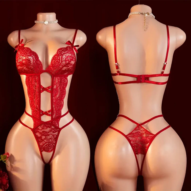 Adult Sexual Bra Lingerie Set Crotchless Lingerie Body Suit Erotic Lace Hollow Bodysuit See through Hot Women's Underwear Set - Image 3