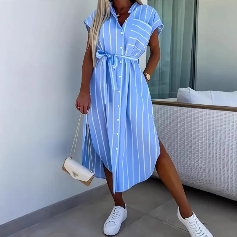 

Blue Stripe Print Shirt Dress New Casual Rotary Sleeves With Pocket Single Breasted Lace Up Split Midi Dresses For Women 2025