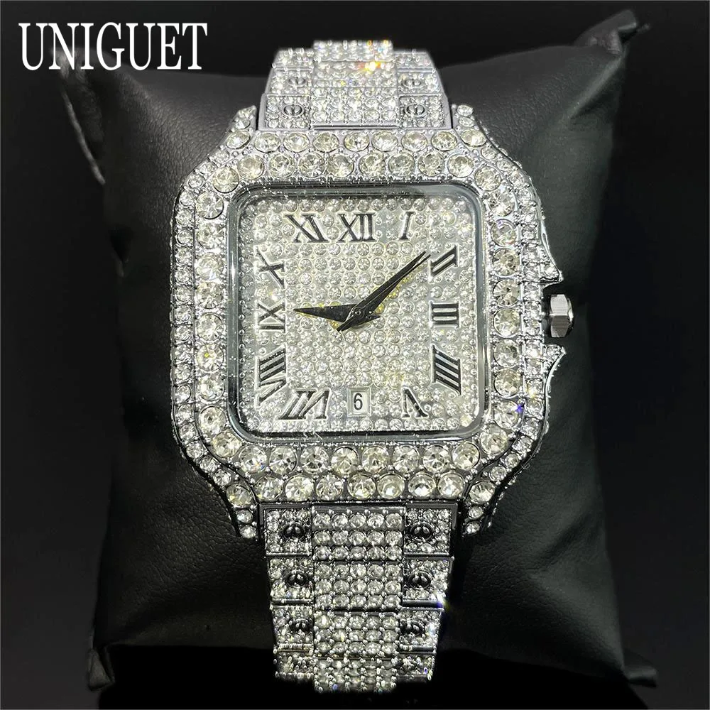 

2024 UNIGUET Iced Watch For Men Lxuxry Stainless Steel Quartz Watches Fashion Hip Hop Diamond Square Wristwatch Man Dropshipping