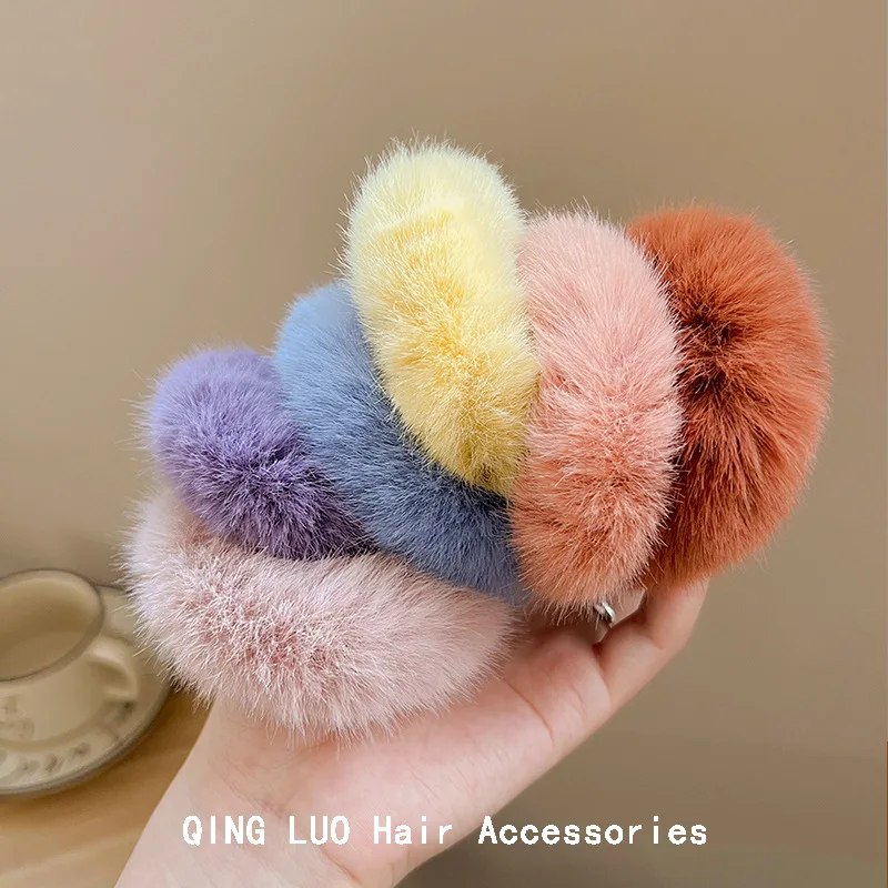 2023 Women Winter Fluffy Scrunchie Elastic Thick Furry Hair Tie Girl Pink hair bands Plush Hair Rope Gum Big Hairbands Wholesale