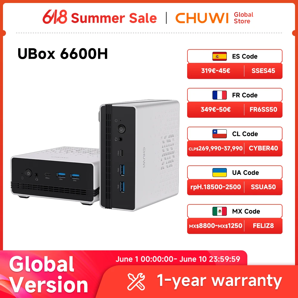 CHUWI UBox Mini PC AMD R5 16GB DDR5 512GB 6600H 6 Core 12 Thread Computer PCIe 4.0 SSD WiFi 6 BT5.2 Mini PC Desktop Computer