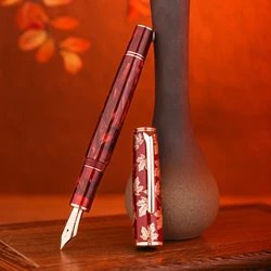 Hongdian-pluma estilográfica de resina acrílica roja N8 EF/F/M/punta de cuchillo larga, tapa de tallado de hoja de arce, pluma de escritura con adorno de oro rosa y convertidor