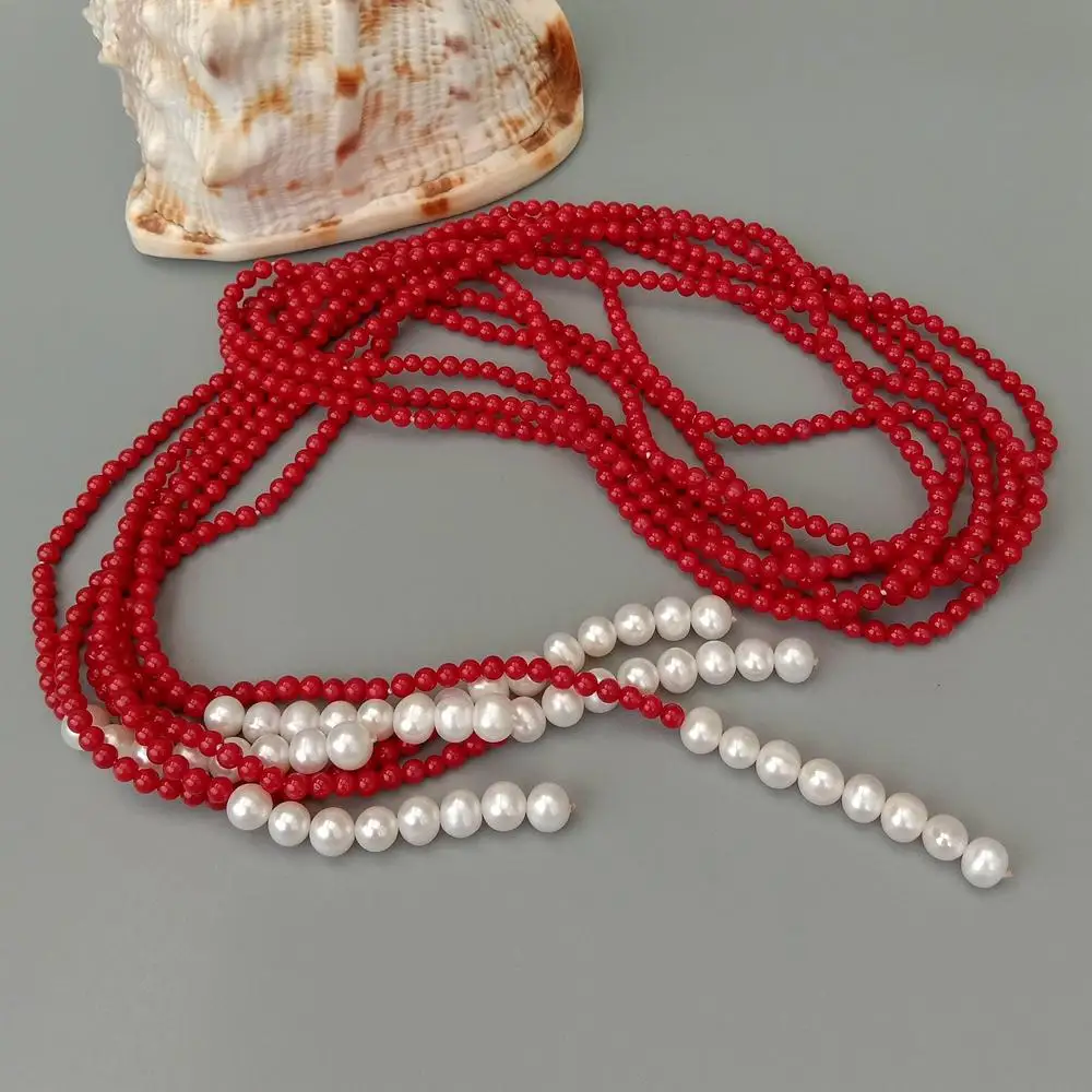 3 Rows 4mm Red Coral Cultured White Pearl Lariat Long sweater chain Necklace 50"