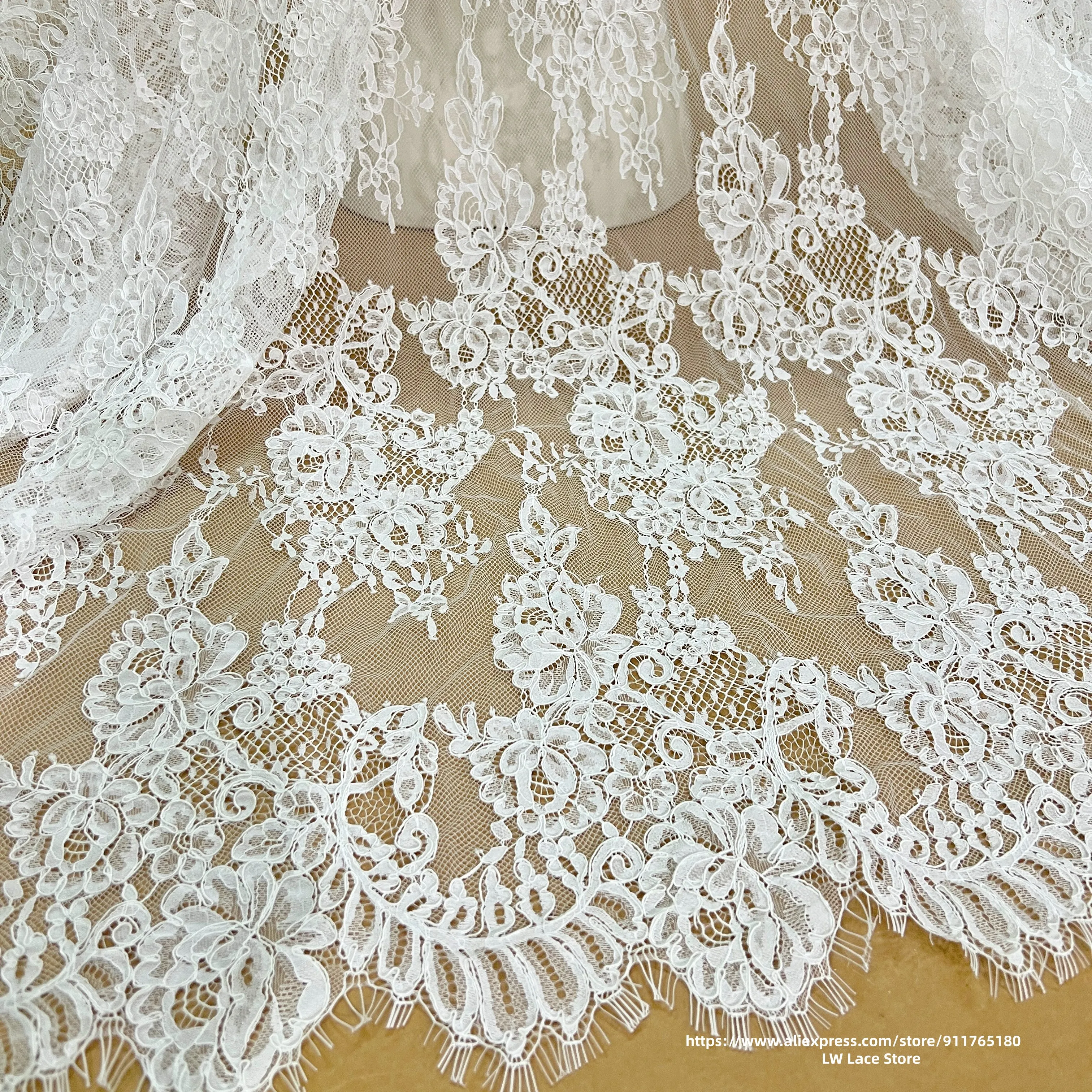 

1.4M Wide Exquisite Vintage-Inspired Handmade Corded Lace Fabric Floral-Embroidered Alençon Lace Wedding Dress Material 3M Long