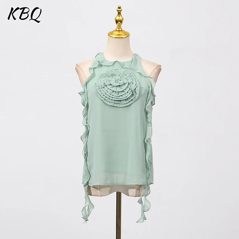 

KBQ Solid Spliced Ruffles Minimalist Slimming T Shirt for Women Round Neck Sleeveless Loose Chic Tops Female Fashion Style New