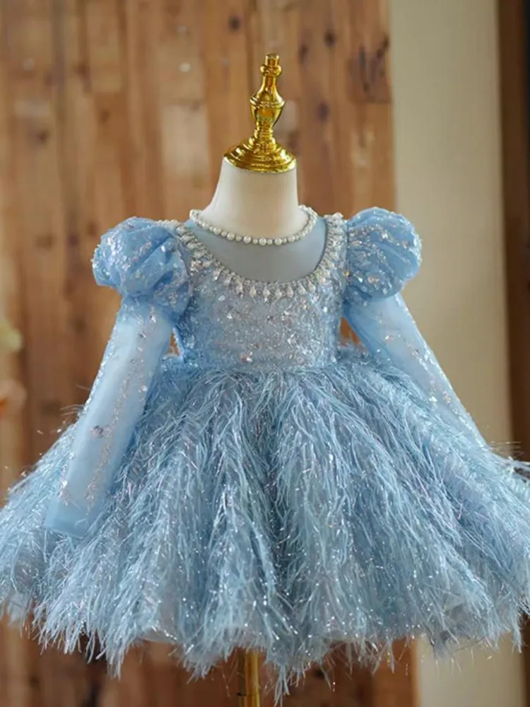 High-End Children\'s Princess Evening Gown Pearls Sequins Design Wedding Birthday Catwalk Party Eid Girls Perform Dress A3552