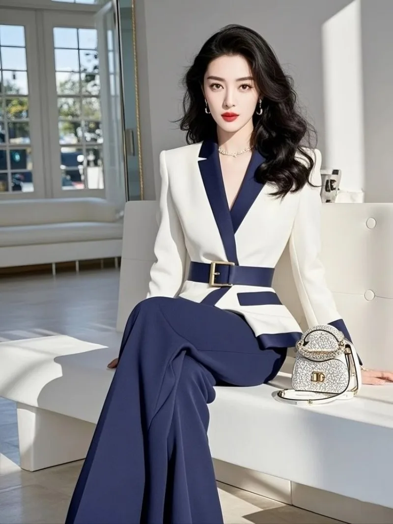 

New Luxury High End Formal Women's Suit Fashion Elegant Contrast Color Long Sleeve Blazer Coat + Wide Leg Pants 2 Piece Set