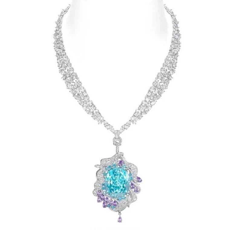Bellux 925 Silver Synthetic Zircon Blue Butterfly Full Diamond Paraiba Sapphire Luxury Necklace