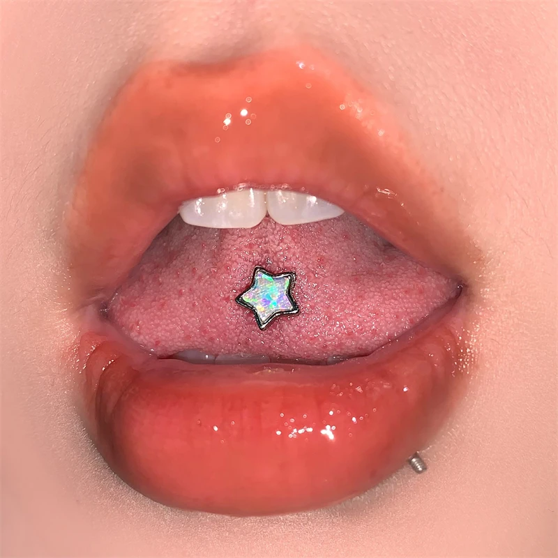 

Punk Opal Five-Pointed Star Tongue Stud Titanium Steel External Thread Tongue Ring Fashion Sexy Body Piercing Jewelry