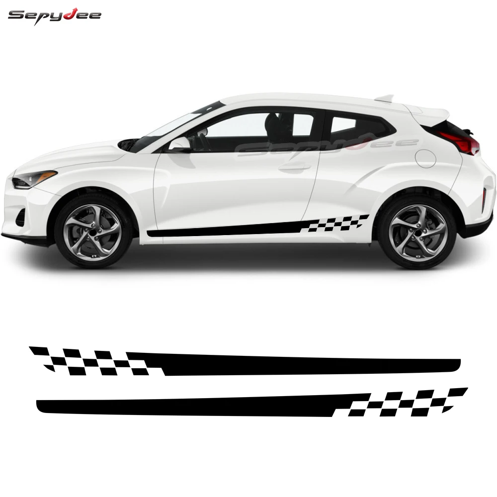 2Pcs Car Door Side Skirt Stickers Racing Sport Lattice Graphic Long Stripes Vinyl Decals forHyundai Veloster Car Accessories