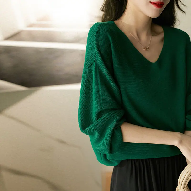 Fashion V-Neck Knitted Solid Color All-match Blouse Women\'s Clothing 2023 Spring Summer New Casual Pullovers Loose Korean Shirt