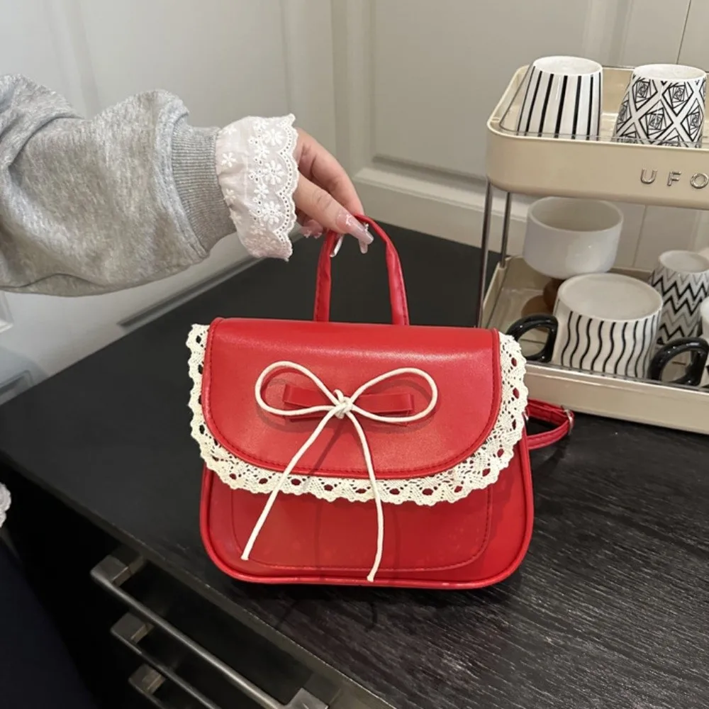 Simple Mini Lace Bow Backpack Kawali Korean Style PU Leather Bag Elegant with Handle Shouder Bag Students