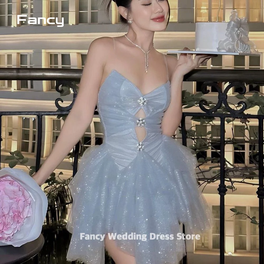 

Fancy Princess Shiny Korea Evening Dresses Blue Sparkly Fairy Tulle Photo Shoot Corset Formal Birthday Party Dress