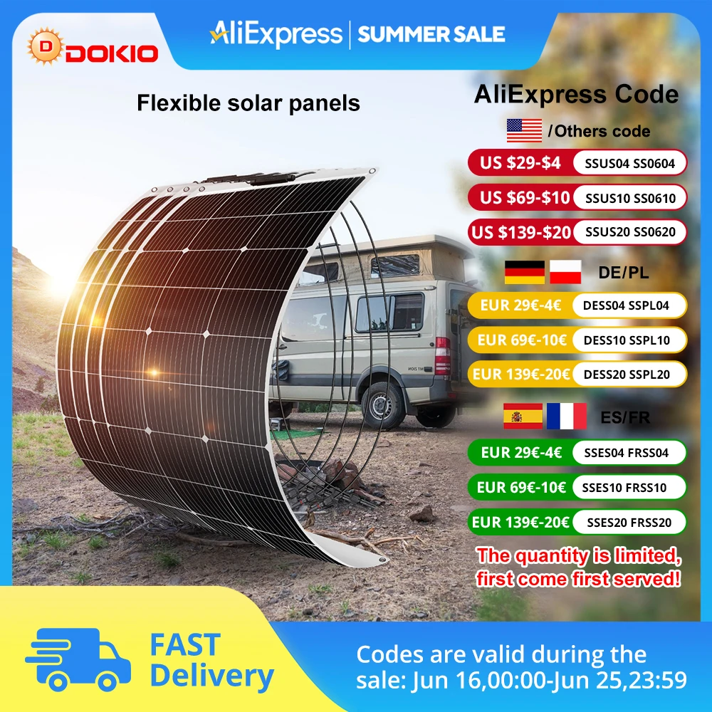 

DOKIO 100W-400W 18V monocrystalline flexible solar panel, suitable for camping, RV installation can charge 12V batteries