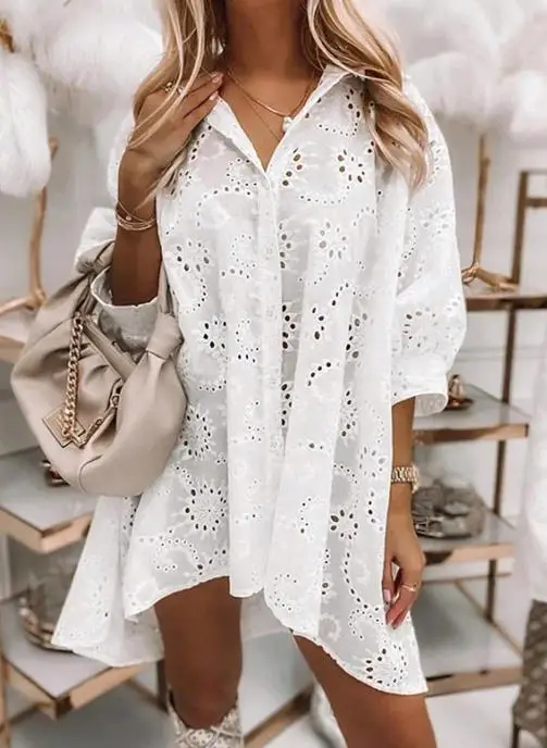 

Korean Popular Blouse 2025 Spring Summer New Solid Color Turn-Down Collar Half Sleeve Casual Irregular Hem Loose Fit Daily Shirt