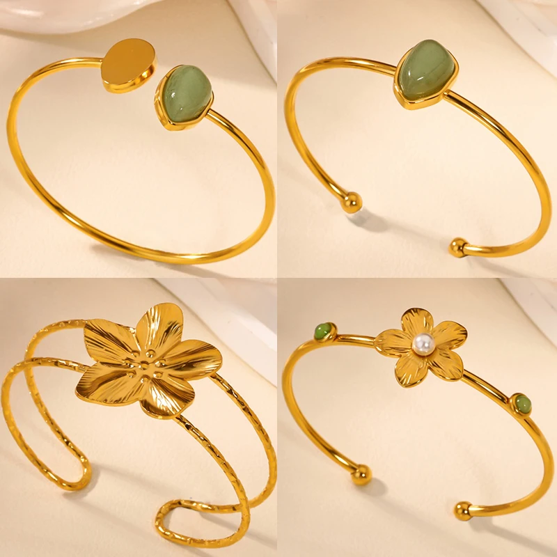 

Super Flower Bangles Bracelets for Women Stainless Steel Imitation Jade Stone Cuff Bangle Bracelet Femme Waterproof Jewelry Gift