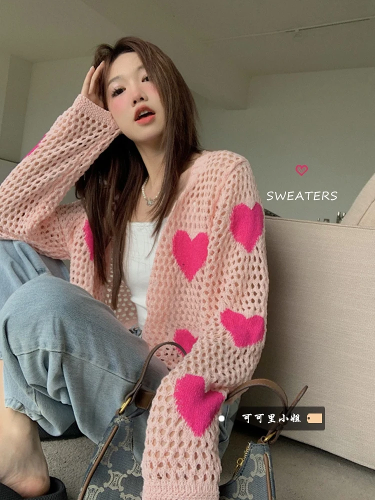 WomenPink Long Sleeves Cardigan Sweater 90s Aesthetic Y2k Vintage V-Neck Knitted Jumper Sweaters 2000s Fashion Clothes 2024