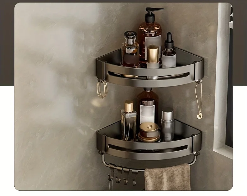 1 Stück nicht bohrendes Aluminium-Badezimmer-Aufbewahrungsregal – an der Wand montiertes Eckregal zur Aufbewahrung von Badezimmer-Shampoo-Duschgel-Kosmetik – Detail 4
