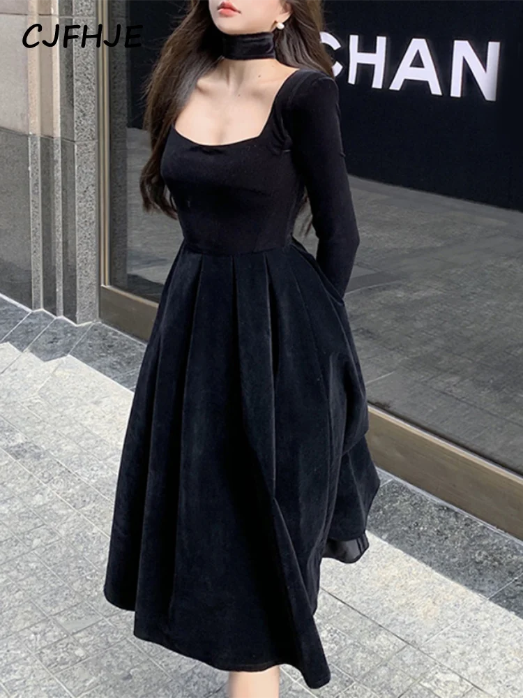 CJFHJE-Robe Mi-Longue en Velours Noir pour Femme, Tenue de Soirée, Vintage, Élégante, Française, Coréenne, une Pièce, Nouvelle Collection Automne Hiver