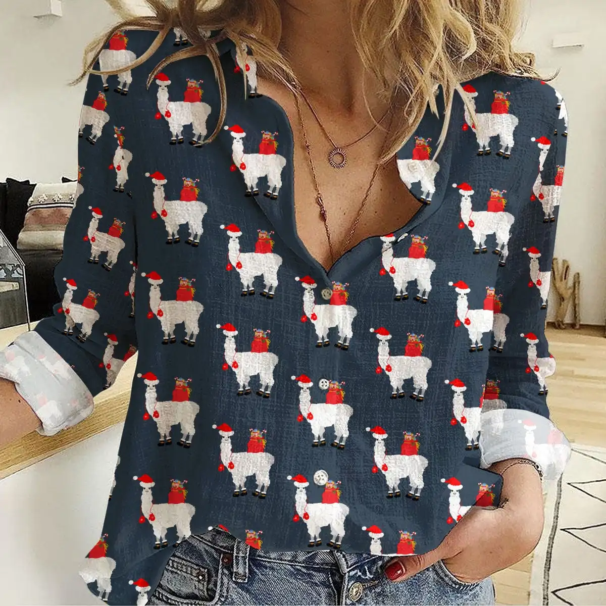 2024 women\'s fashion lapel long-sleeved shirt animal alpaca Christmas floral 3d printing casual shirt women\'s versatile fashion