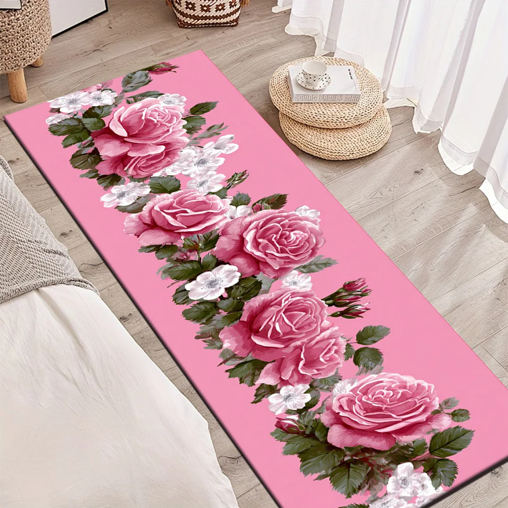 Pink Base Pink Rose White Wildflower Print Runner Rug,non-slip long floor mat for bedroom, romantic floral home decor beside bed