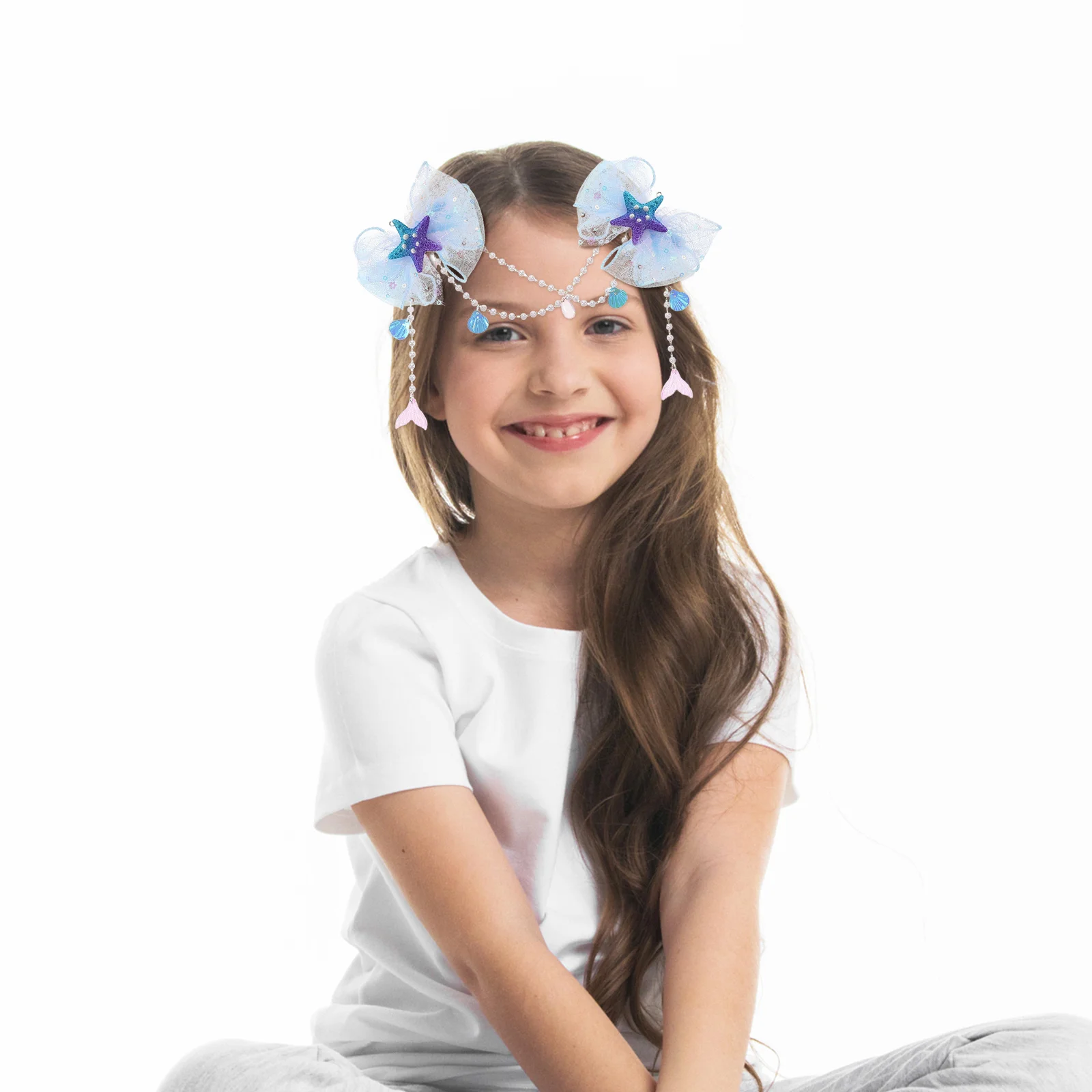 

Аксессуары для волос русалки для девочек, блестящие радужные заколки с бантом, кисточки, волшебные принцессы, вечеринки по случаю дня рождения - синие