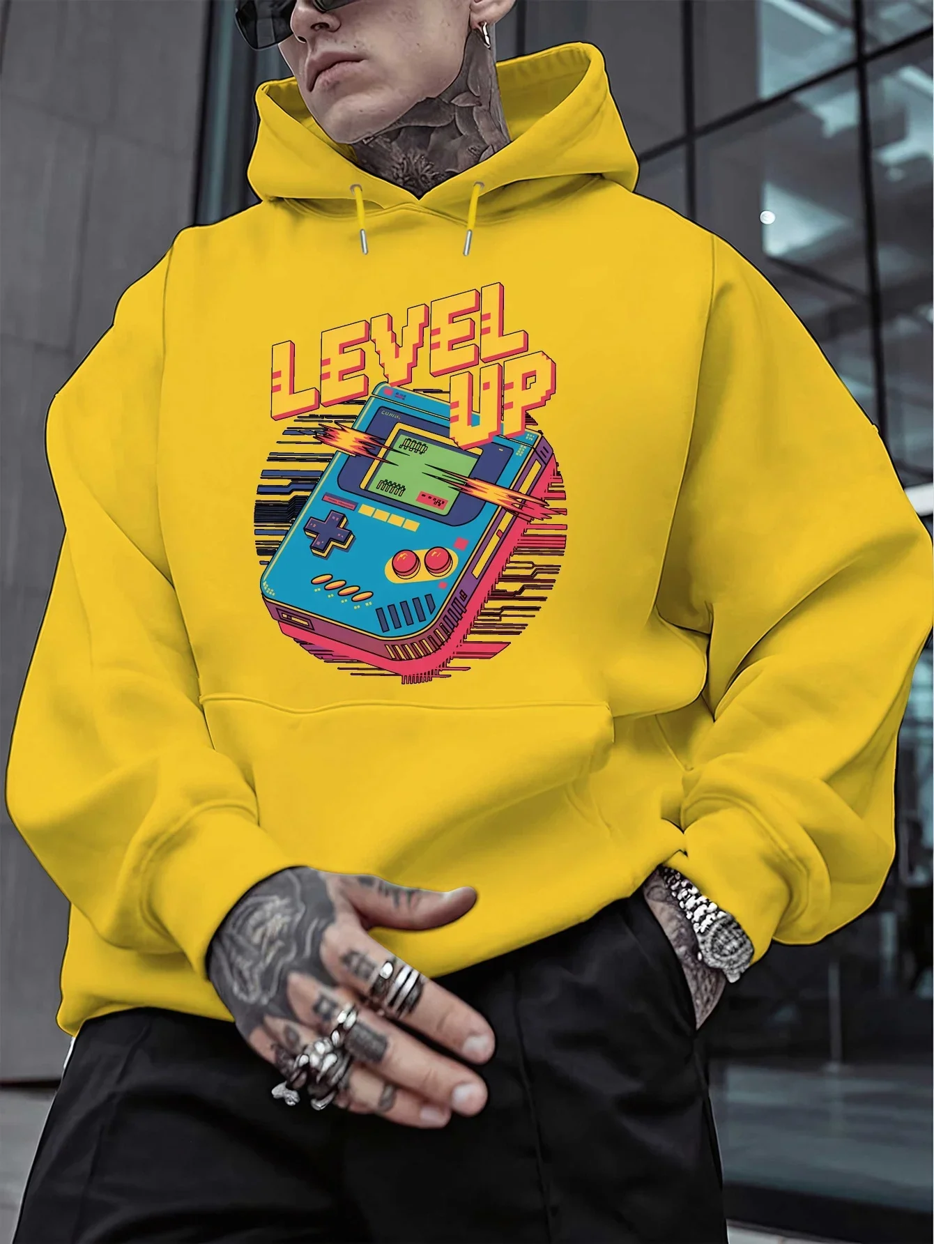 Retro Pixel Level Up Handheld Game Console Graphic Print Red Oversized Unisex Fleece Drawstring Hoodie Pullover