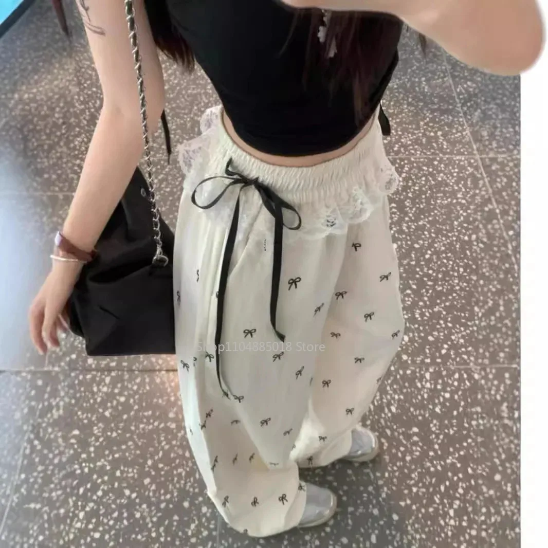 

Sweet Spicy Lace Edge Spliced Casual Pants Bow Pants Women's Summer Loose Fit Elastic Waistbell Bottoms Straight Leg