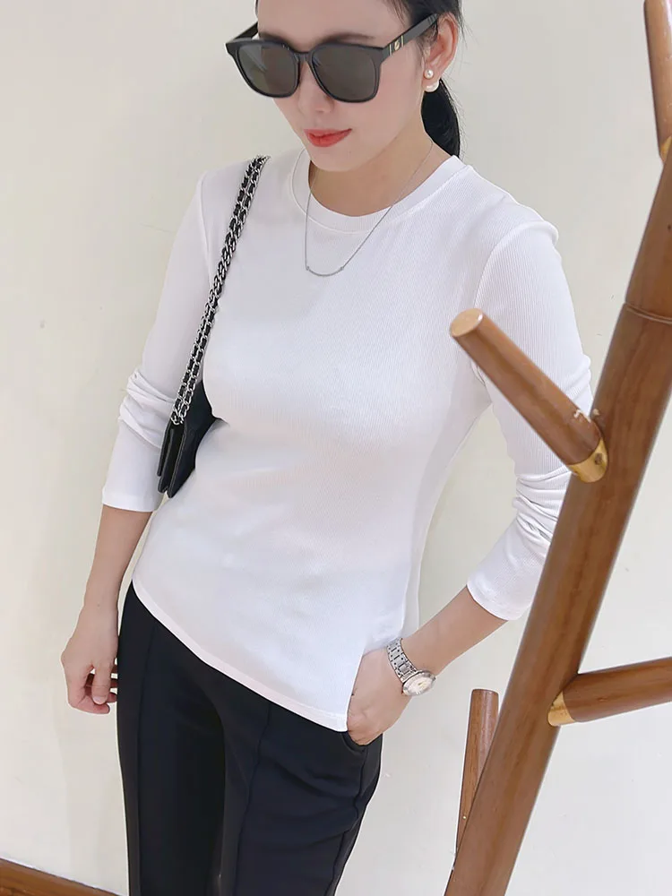 

Новая женская трикотажная футболка с длинным рукавом, высокой эластичностью, круглым вырезом, из хлопка, стандартного кроя, для повседневной носки