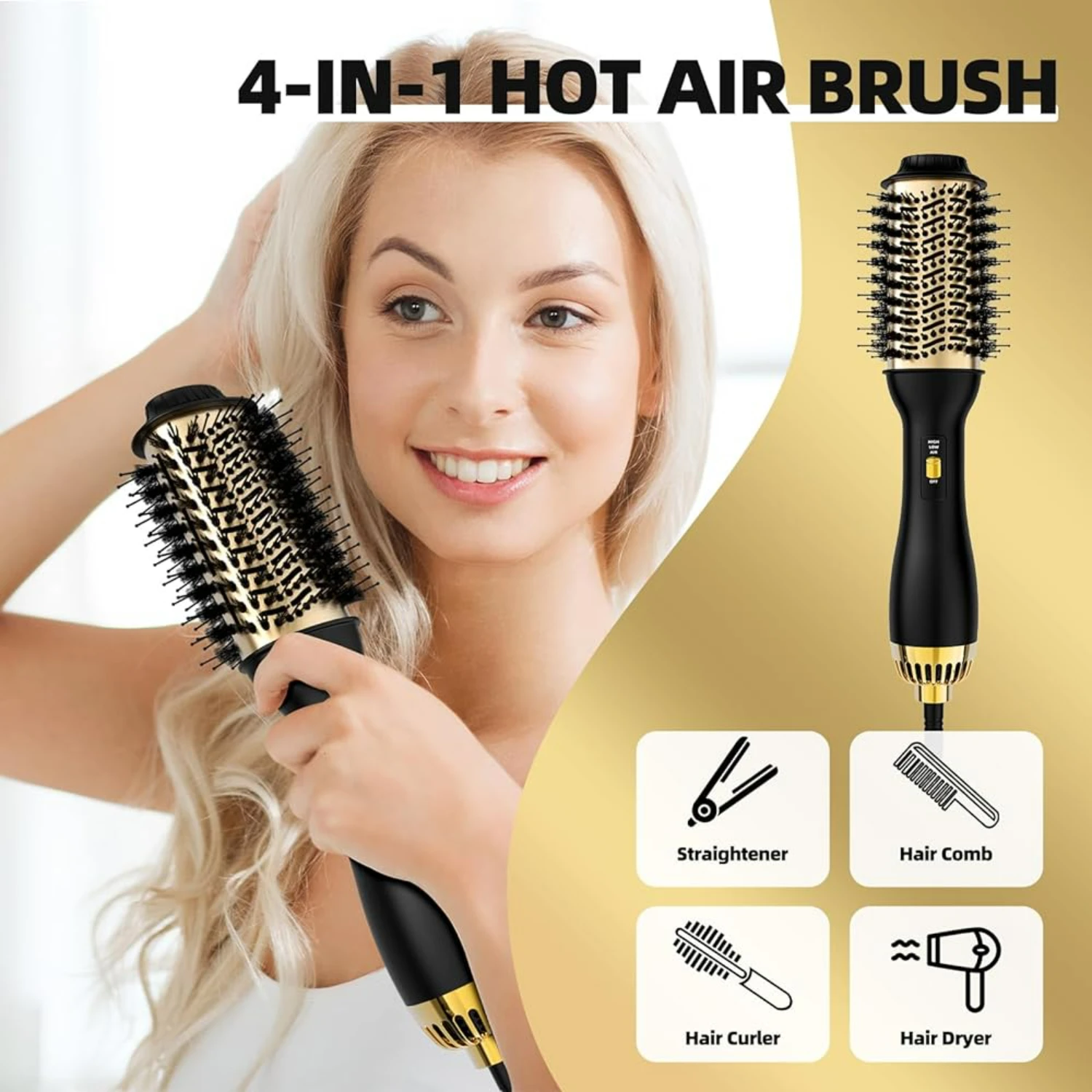 Professional 4-in-1 Hot Air Hair Dryer Brush, Volumizing, Styling & Straightening Tool for All Hair Types, Salon-Quality Blowout