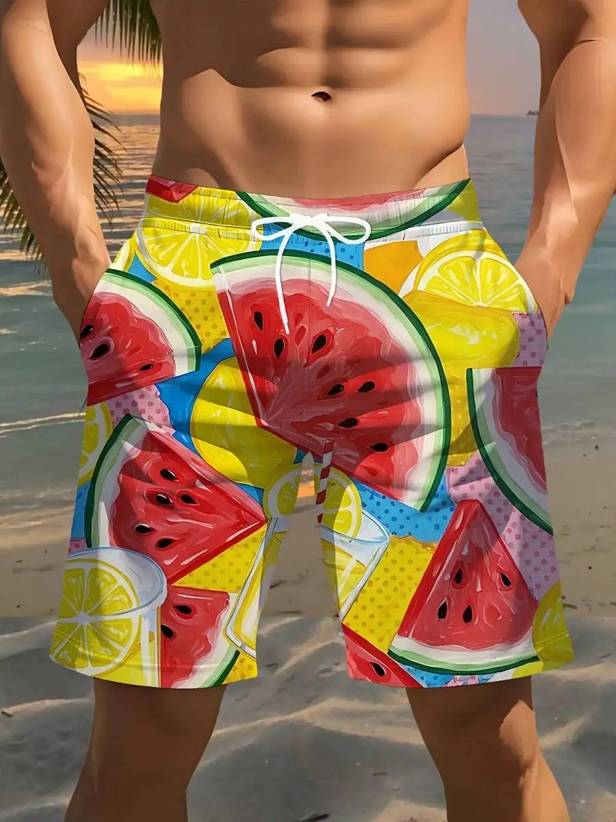 

Mens Beach Shorts With 3D Watermelon Lemon Print Drawstring Waist Polyester Swim Trunks Summer Casual Wear