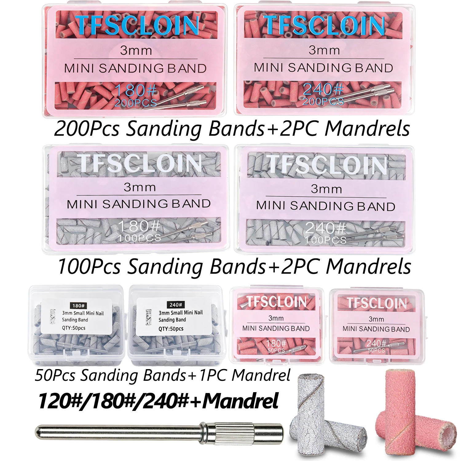 50/100/200pcs/Box Nail Art Mini Grinding Sand Ring Bands ,80/120/180/240Grit, with 2/1pc Mini Mandrel, Manicure & Pedicure Tools
