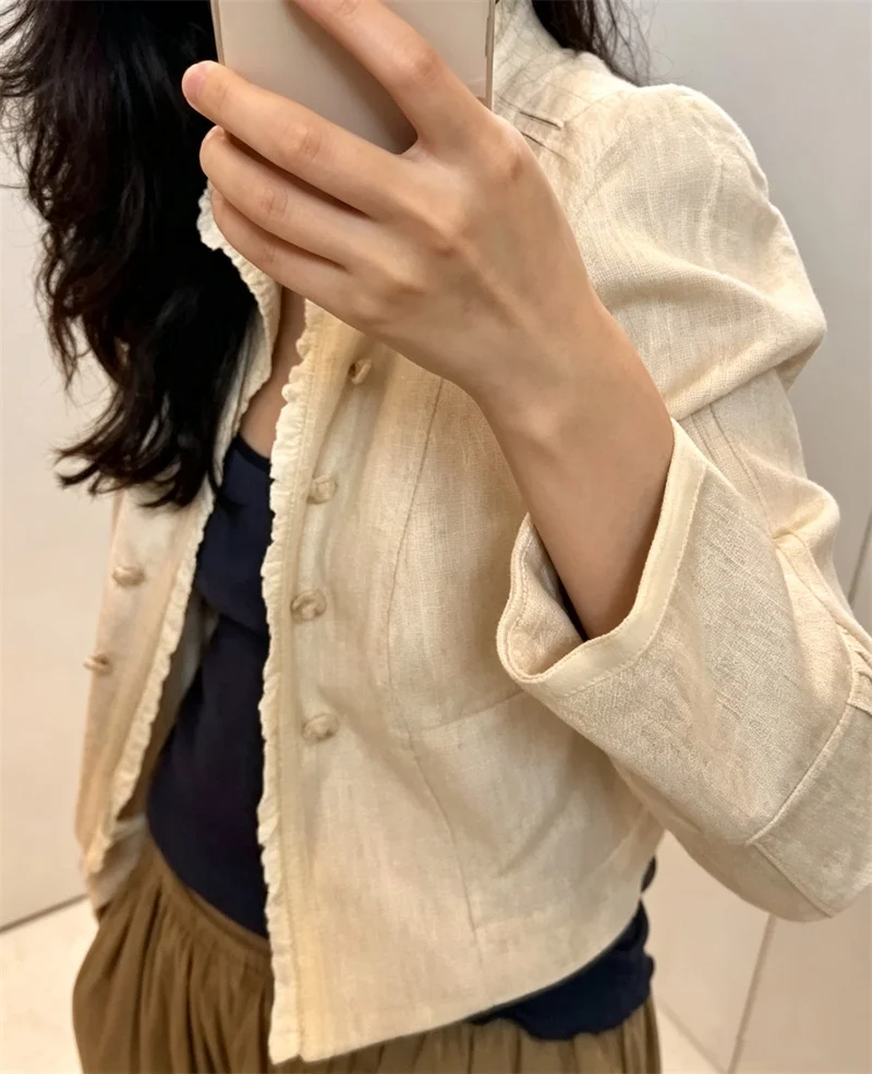 Guobioziy 2026 Women's Jacket Autumn New Layered Decor Cropped Blazer Stylish Double‑row Buttons Casual Outercoat