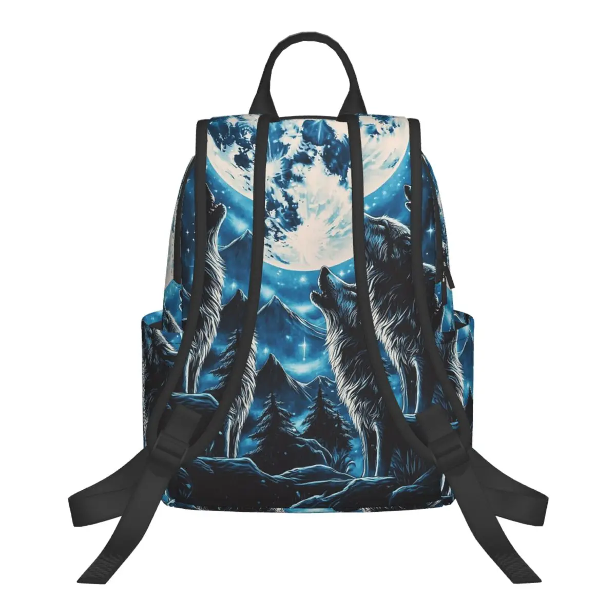 Blue Moon And Wolves Design Student Backpack School Bag Hiking Travel Daypack for Men Women Bookbag Shoulder Bags