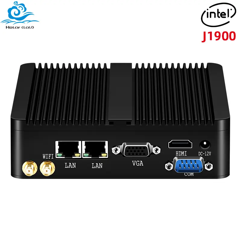 Dark gray industrial fanless mini PC with visible ports and WiFi antennas