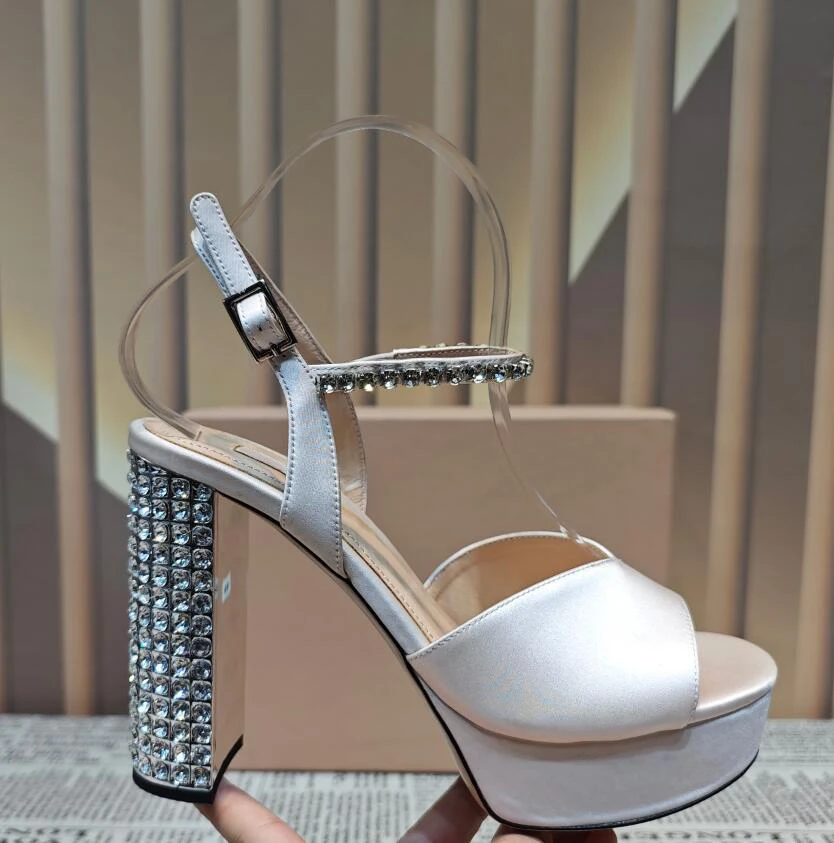 Bling Bling Crystal Chunky Heel Women Summer Sandal Shoes Gold Silver Rhinestone Ankle Strap Cross-straps Platform Wedding Shoe