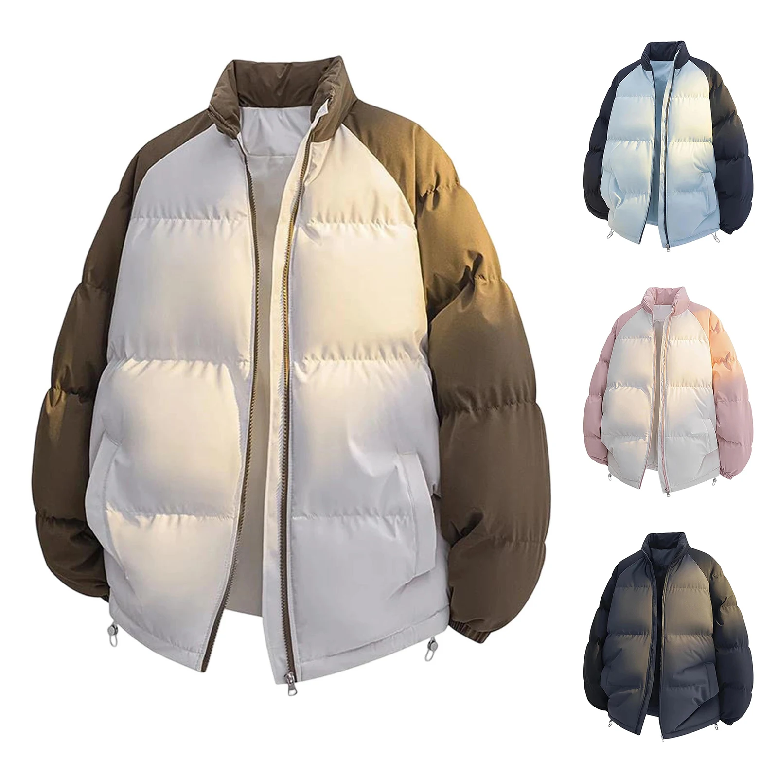 

Men's Casual Stand-collar Down Coats Thick Warm Winter Cotton Jacket Loose Color-blocked Quilted Parka Jacket Zipper Outwer