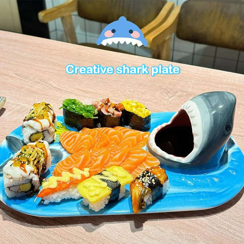 

Fun Big Mouth Ceramic Japanese Shark Plate Eating Dumplings Special Plate Sushi with Dipping Saucer
