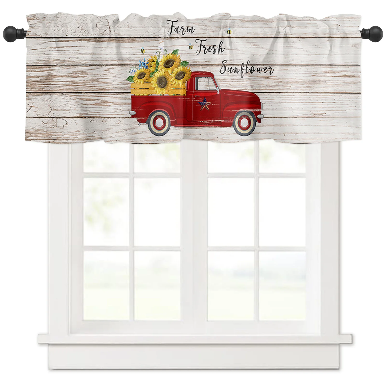 

Windows Kitchen Living Room Small Window Valance Sunflower Red Pickup Truck with on Rustic Wooden Board Retro Car 1 Panel