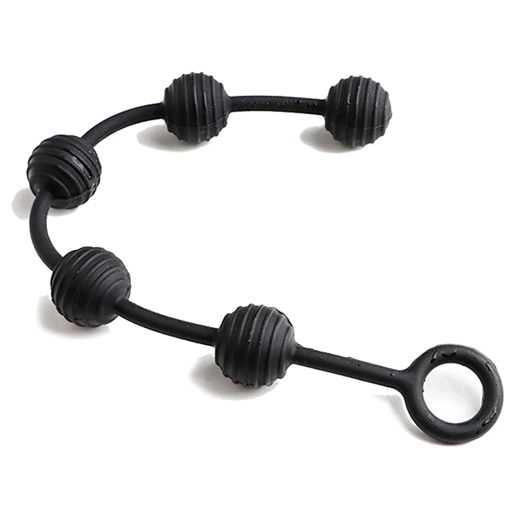 Black Silicone Ribbed Anal Beads with Pull Ring Prostate Massager Butt Plug for Anal Training Stretcher Sex Toy for Men And Wome