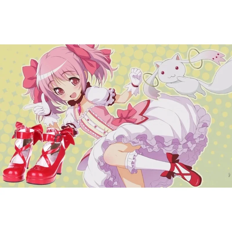 Game Magic Madoka Cosplay sapatos para mulheres e meninas, adereços de fantasia Lolita, sandálias de nó arco, couro PU, salto alto, sapatos princesa, personalizado