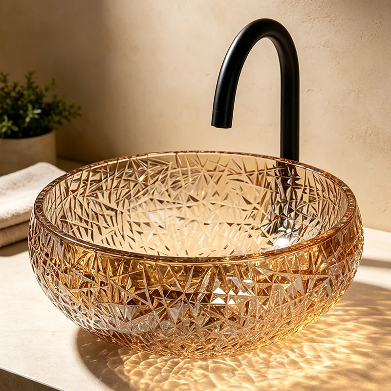 Champagne-Colored Glass Countertop Basin, with a Simple and Elegant Round Shape, the Light Passes through the Basin Body to Reflect Dynamic Light and Shadow, Creating a Rich Atmosphere. the Three-Dimensional Ice-Crack Design Adds More Layers of Light and Shadow, Making It an Ideal Choice for Modern Bathroom Fixtures, Suitable for Dressing Rooms, Vanity Tables, and Home Bathroom Sinks, and Can Be Matched with Various Decor Styles (Accessories Not Included)