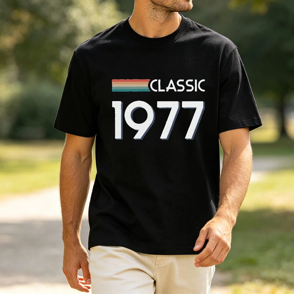 Vintage Rainbow Strip Classic 1977 T Shirt Men Women Born Year Letter Print Cotton Crew Neck Birthday Nostalgic Casual Top