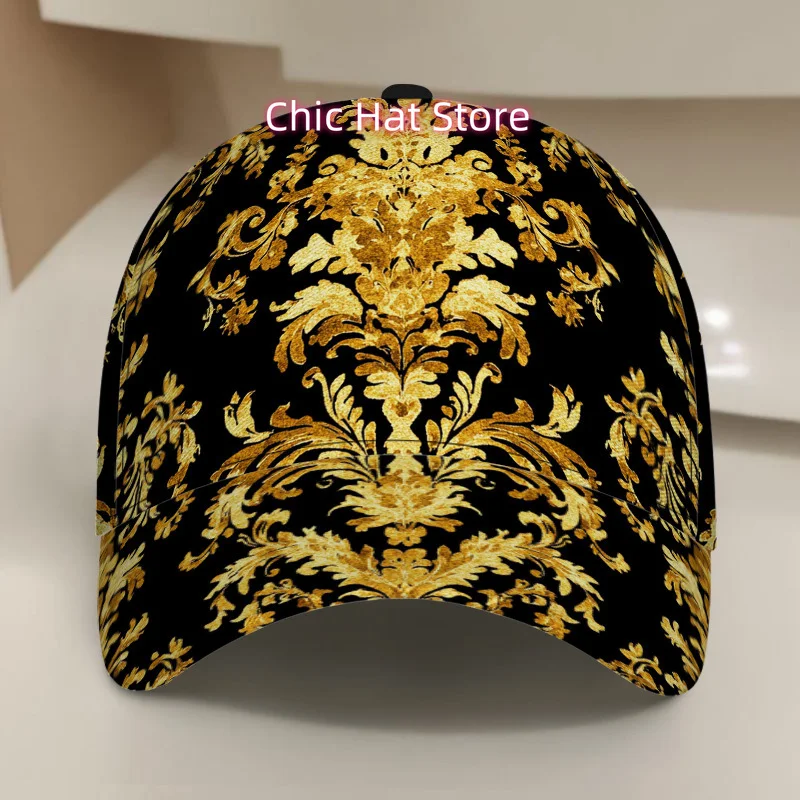 1pc Elegant Golden Flourishes Print Classic Duckbill Hat - Lightweight Adjustable Snap Cap Suitable for Travel, Christmas & Dail