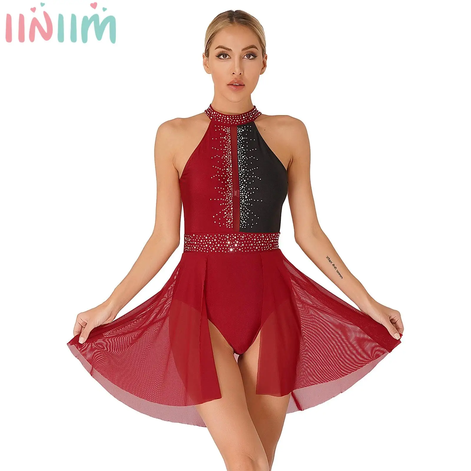 Vestido de Ballet con cuello Halter lírico para mujer, leotardos con falda de baile de gimnasia, figura de diamantes de imitación, patinaje sobre hielo, disfraz de actuación en escenario