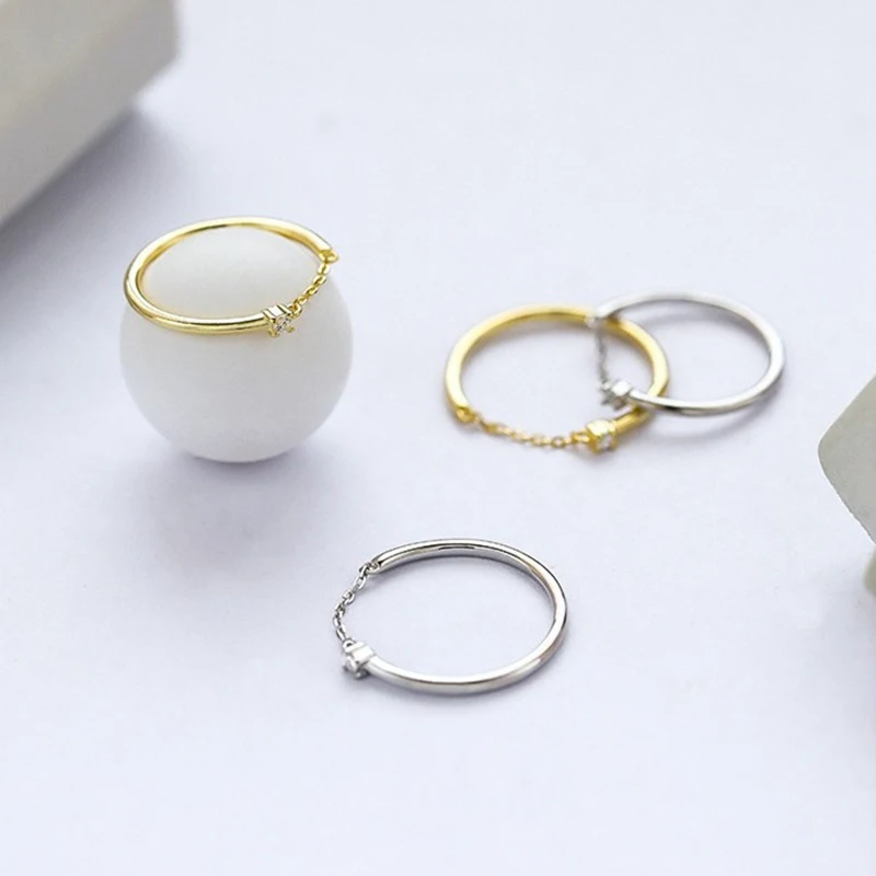 Real 925 Sterling Silver Zircon Chain Adjustable Ring For Women Party Cute Fine Jewelry Niche Design Accessories