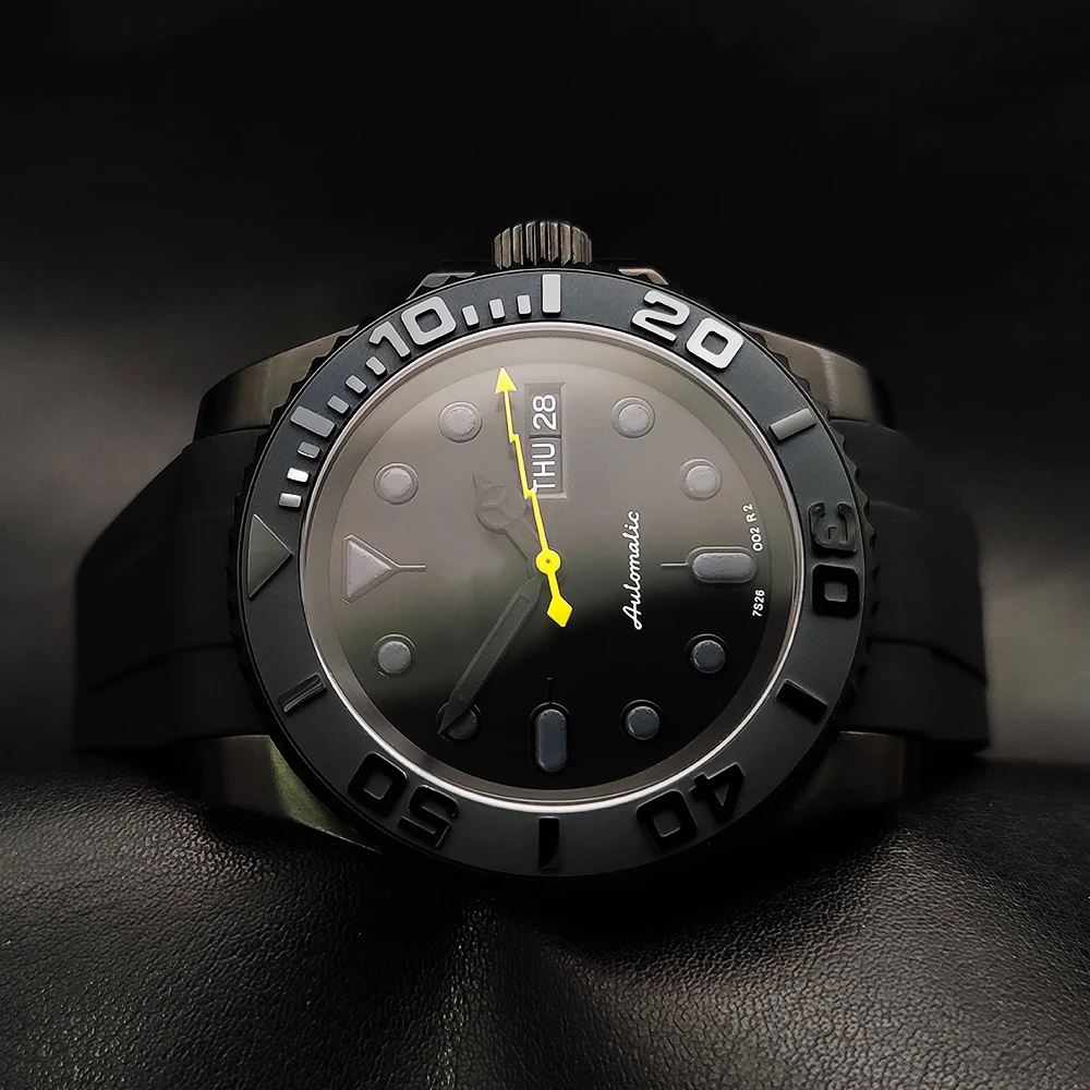 Relógio mecânico automático masculino, caixa PVD preta, vidro de safira, pulseira de borracha, movimento NH36 japonês, 40mm