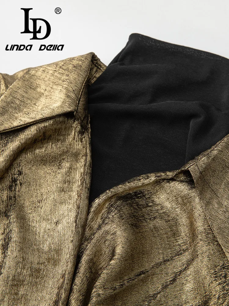 LD LINDA DELLA Autumn Winter korean Fashion Trousers Set Women Golden Splice Sweater Top+Button Straight Trouser 2 Pieces Set