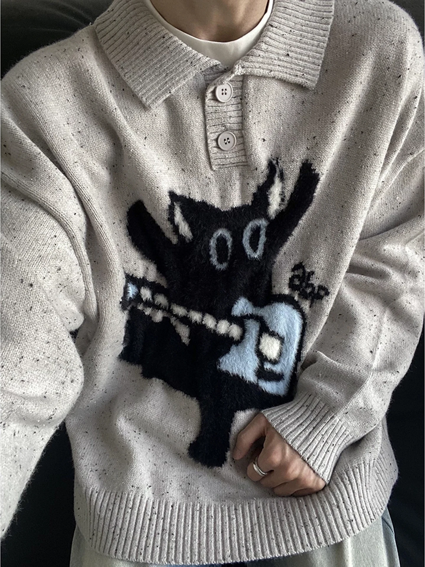 

American Retro Pattern Ne Knitwear Loose Casual Sle Men's Autumn Winter Sweatirt Outerwear Polyester Fiber