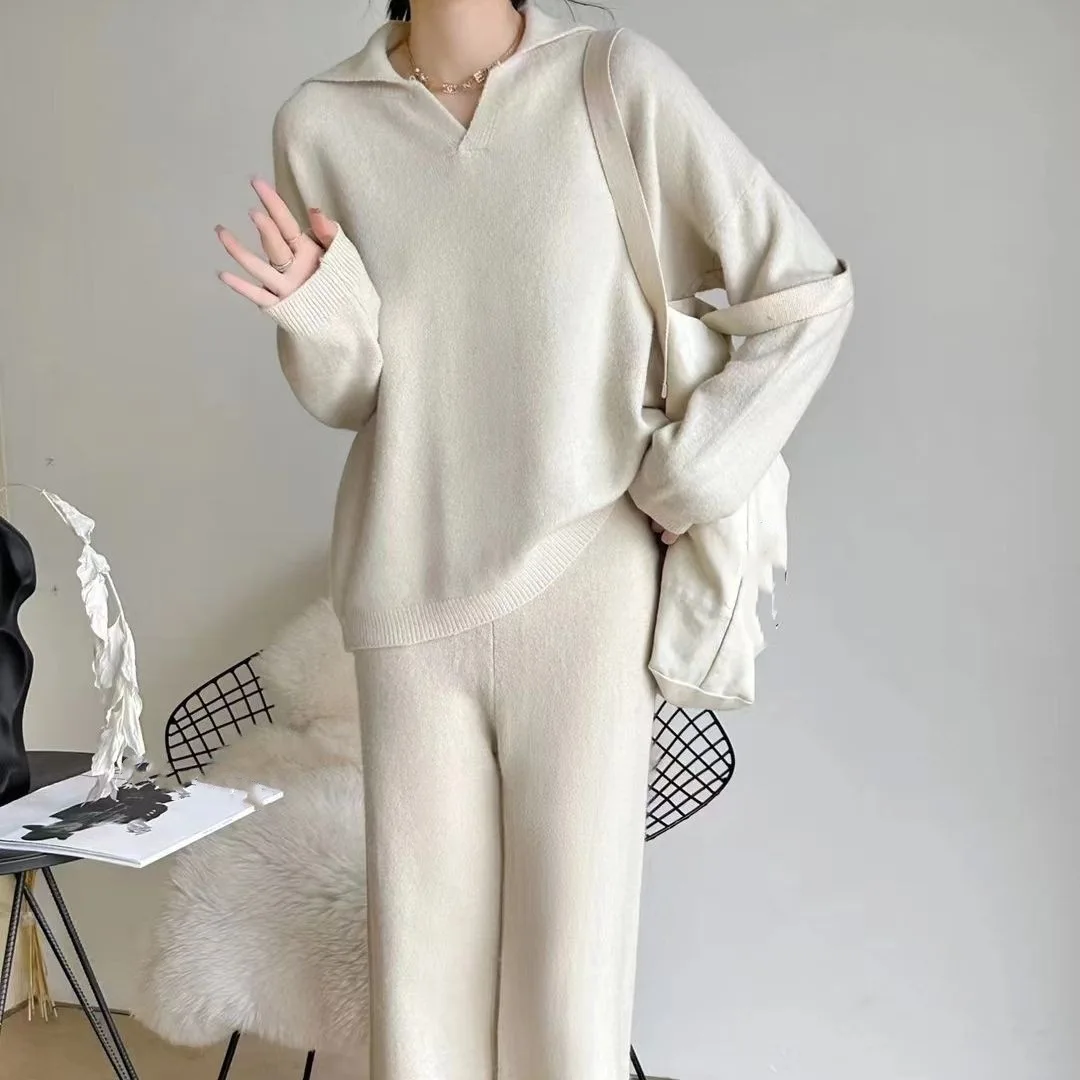 

Korean Knitted Sweater Suit Women Winter 2024 Fashion Polo Pullover Pants 2PCS Set Tracksuit Women Sportswear Set Female Outfits